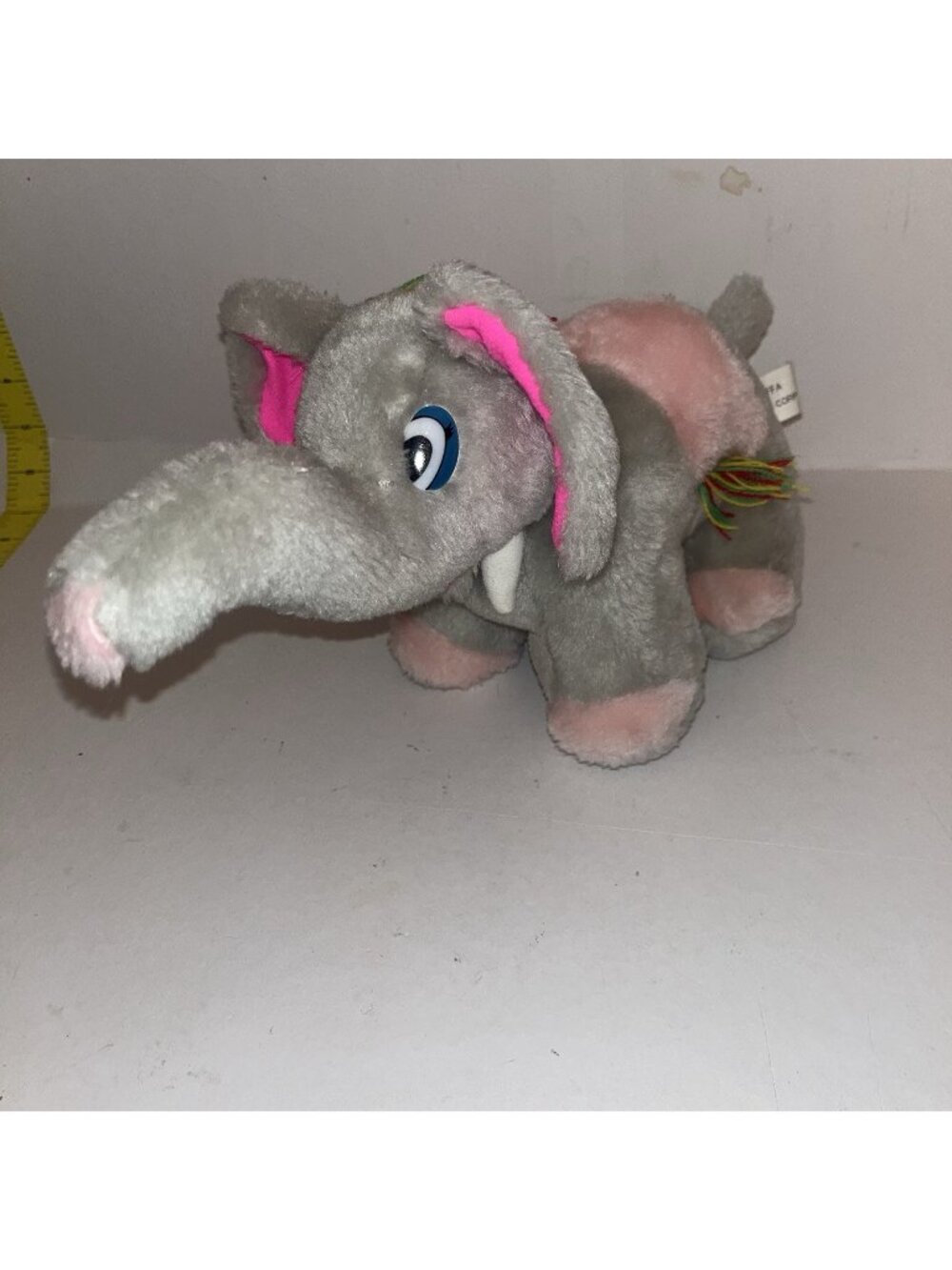 Goffa Elephant Grey Bright Multicolor Fringe Pink Ears Plush Stuffed Animal 6"